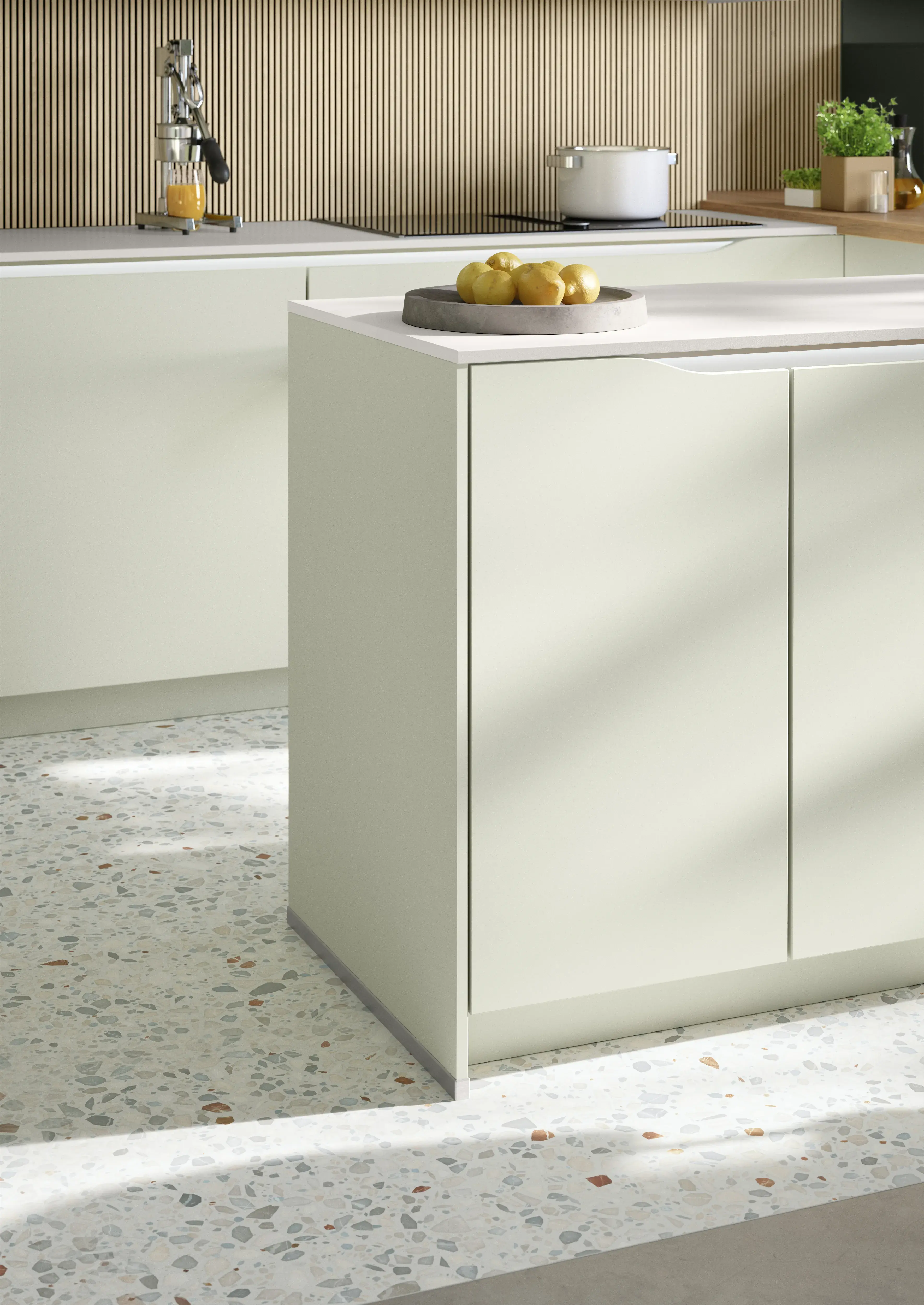 NOBILIA Jadegrün mit Neff Geräten, Fokus auf Kücheninsel