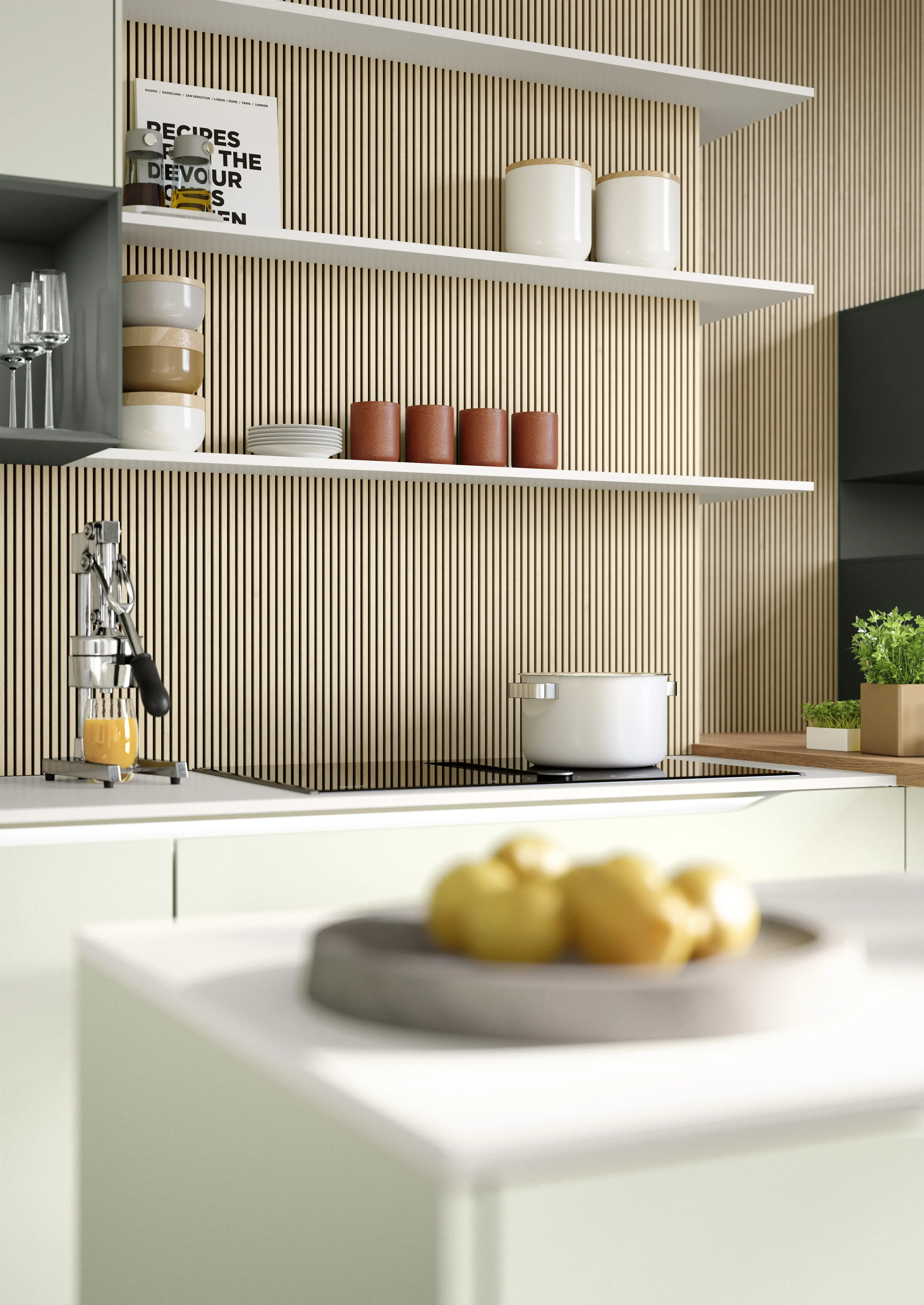 NOBILIA Jadegrün mit Neff Geräten, Fokus auf Ecke mit Kochfeld von Neff